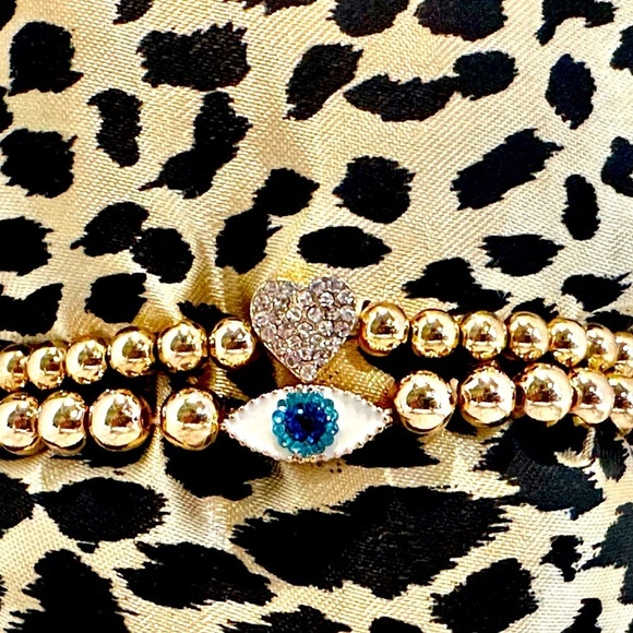 Gold Ball Bead Bracelets Set‎ Evil Eye & Heart with Crystals - Picture 3 of 3